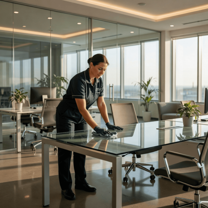 CleanExpertCR. Limpieza profesional. Imagen de mujer realizando una limpieza profesional de oficina